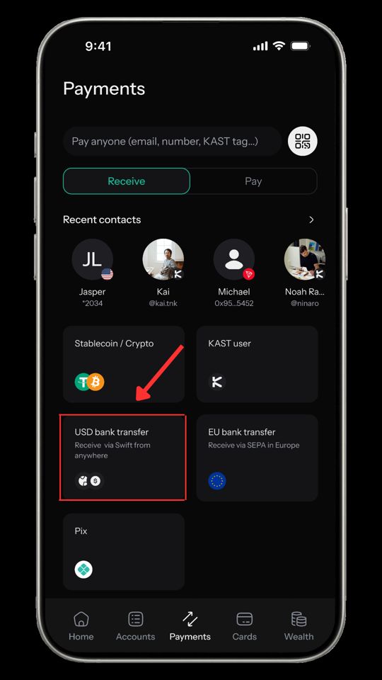 KAST app Receive menu showing the USD bank transfer option