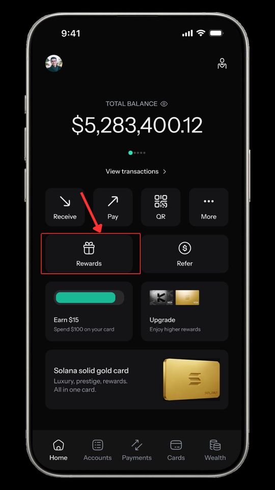 KAST app home screen with the Rewards entry highlighted