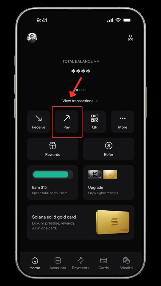 KAST app home screen highlighting the Pay entry point