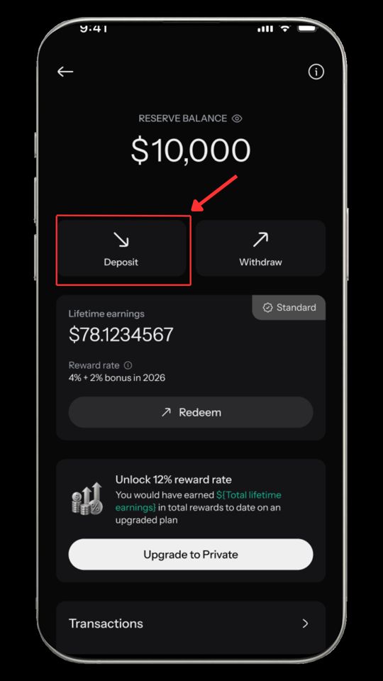 KAST app Reserve screen with the Deposit button (older rates shown)