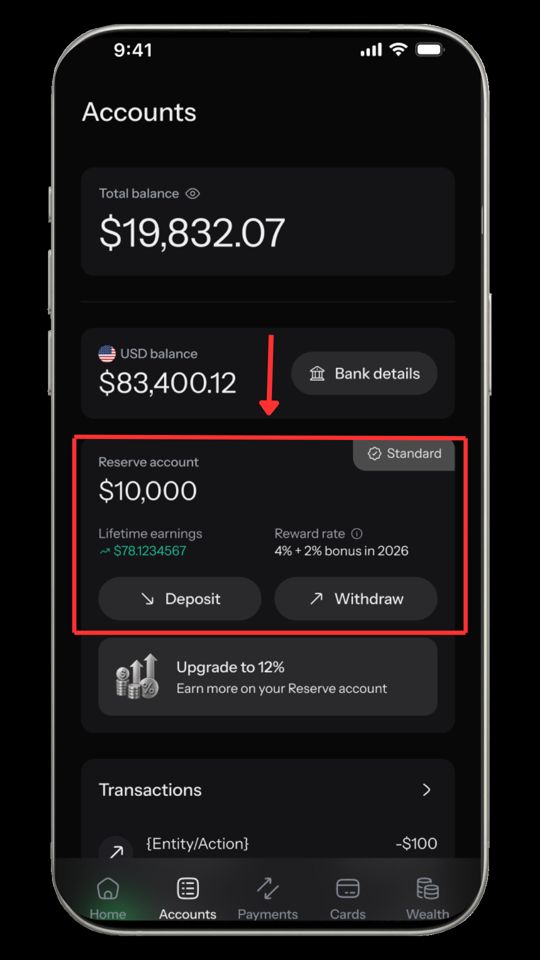KAST app Accounts screen with USD Reserve Account selected (older rates shown)