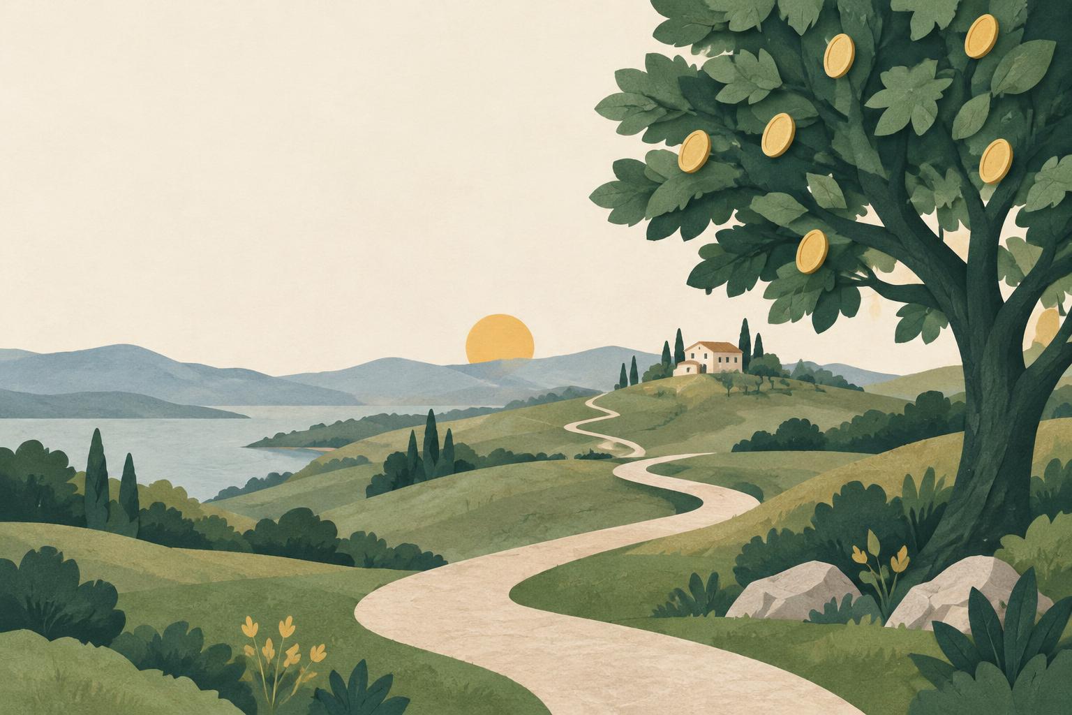 An illustrated path through green hills toward a home, beneath a leafy tree